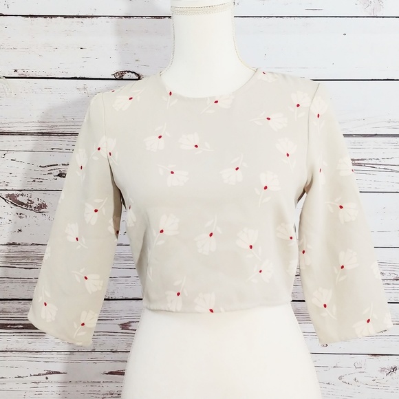 Zara Basic grey floral 3/4 sleeve crop top TB2 - Picture 2 of 7